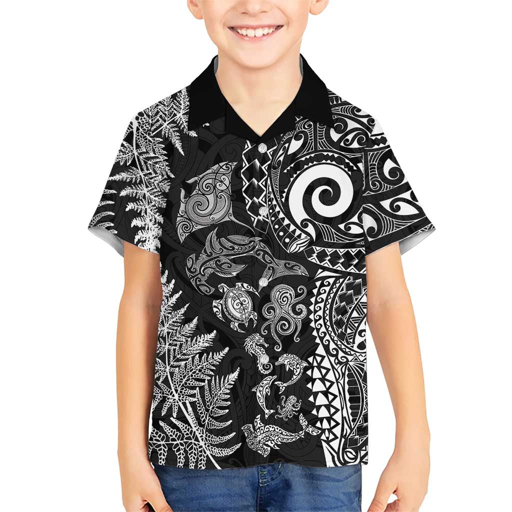 New Zealand Sea Animals Family Matching Puletasi and Hawaiian Shirt with Maori Koru Tribal Tattoo and Silver Ferns Black Color LT03 Son's Shirt Black - Polynesian Pride