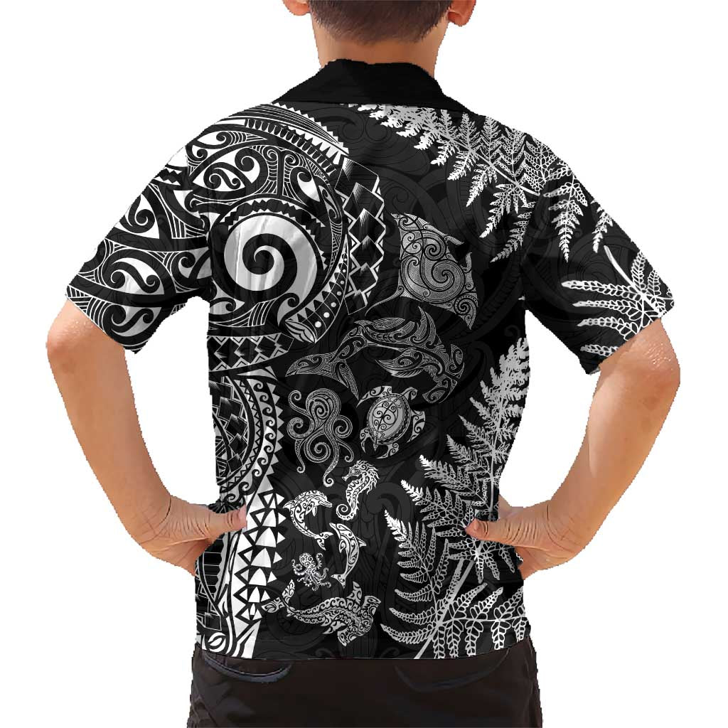 New Zealand Sea Animals Family Matching Short Sleeve Bodycon Dress and Hawaiian Shirt with Maori Koru Tribal Tattoo and Silver Ferns Black Color LT03 - Polynesian Pride