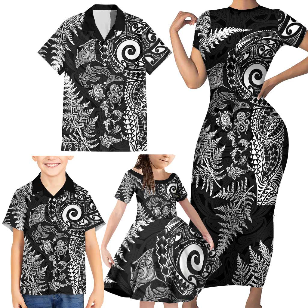 New Zealand Sea Animals Family Matching Short Sleeve Bodycon Dress and Hawaiian Shirt with Maori Koru Tribal Tattoo and Silver Ferns Black Color LT03 - Polynesian Pride