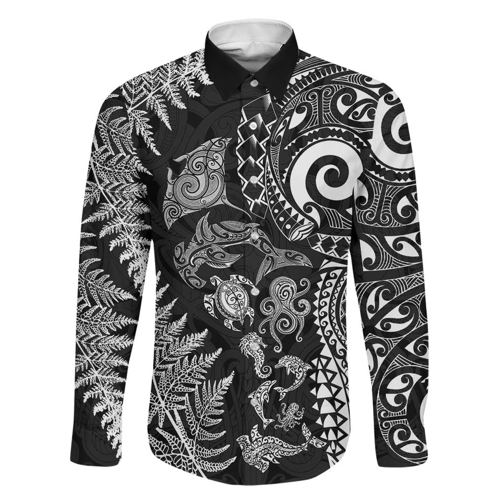 New Zealand Sea Animals Family Matching Short Sleeve Bodycon Dress and Hawaiian Shirt with Maori Koru Tribal Tattoo and Silver Ferns Black Color LT03 Dad's Shirt - Long Sleeve Black - Polynesian Pride