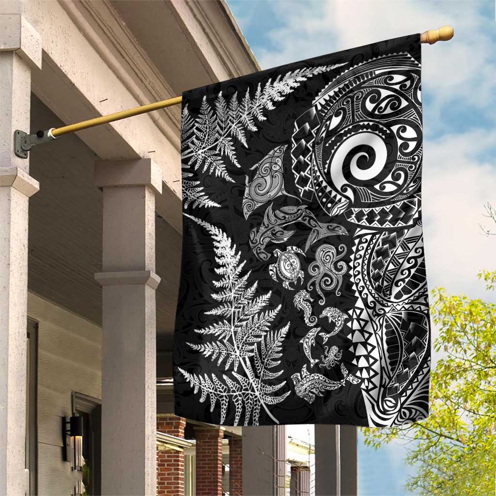 New Zealand Sea Animals Garden Flag with Maori Koru Tribal Tattoo and Silver Ferns Black Color LT03 House Flag Black - Polynesian Pride