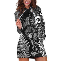 New Zealand Sea Animals Hoodie Dress with Maori Koru Tribal Tattoo and Silver Ferns Black Color