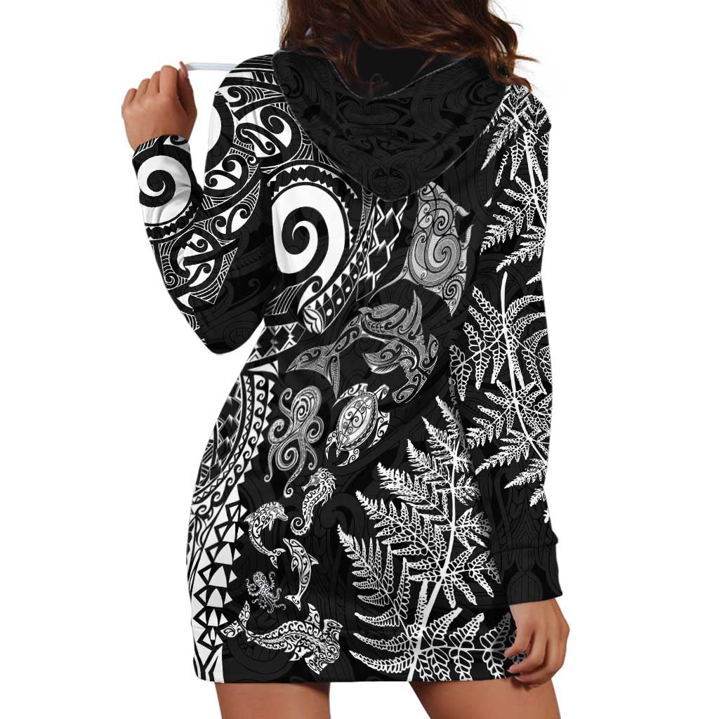 New Zealand Sea Animals Hoodie Dress with Maori Koru Tribal Tattoo and Silver Ferns Black Color