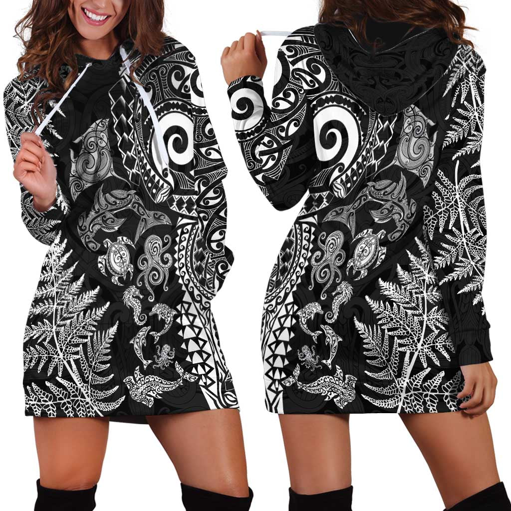 New Zealand Sea Animals Hoodie Dress with Maori Koru Tribal Tattoo and Silver Ferns Black Color