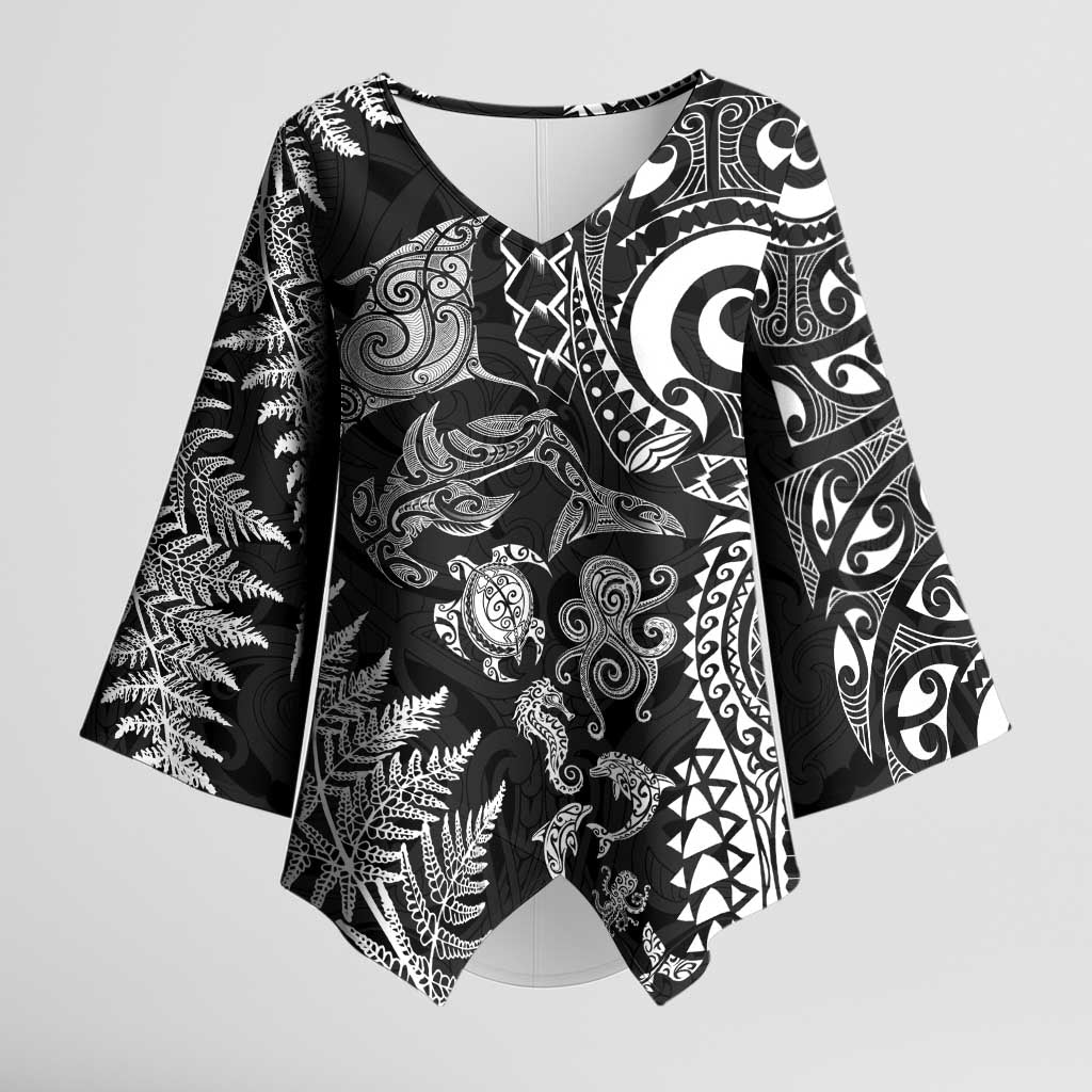 New Zealand Sea Animals Kimono Sleeve Blouse with Maori Koru Tribal Tattoo and Silver Ferns Black Color LT03 Female Black - Polynesian Pride