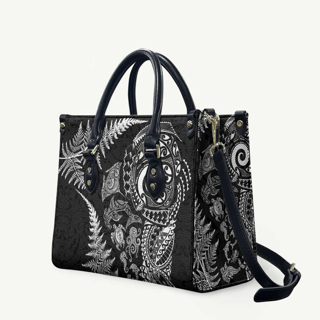 New Zealand Sea Animals Leather Bag with Maori Koru Tribal Tattoo and Silver Ferns Black Color LT03 Black - Polynesian Pride
