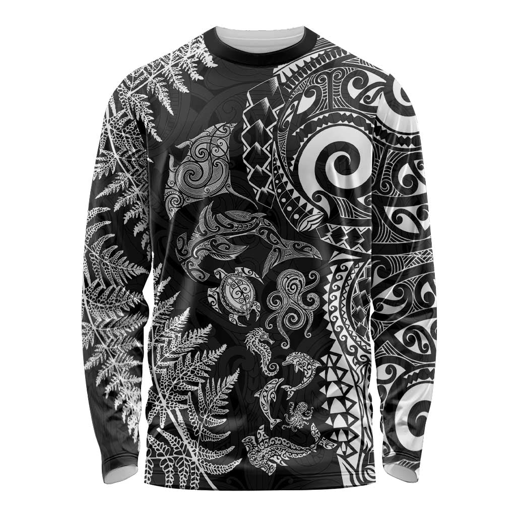 New Zealand Sea Animals Long Sleeve Shirt with Maori Koru Tribal Tattoo and Silver Ferns Black Color LT03 Unisex Black - Polynesian Pride