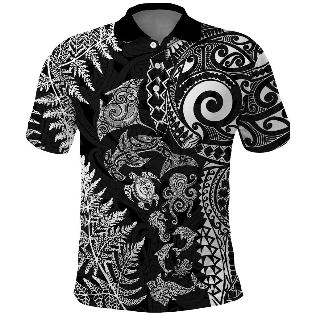New Zealand Sea Animals Polo Shirt with Maori Koru Tribal Tattoo and Silver Ferns Black Color LT03 Black - Polynesian Pride