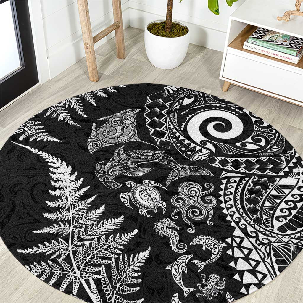 New Zealand Sea Animals Round Carpet with Maori Koru Tribal Tattoo and Silver Ferns Black Color LT03 Black - Polynesian Pride