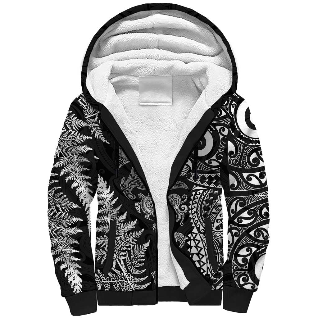 New Zealand Sea Animals Sherpa Hoodie with Maori Koru Tribal Tattoo and Silver Ferns Black Color LT03 Unisex Black - Polynesian Pride