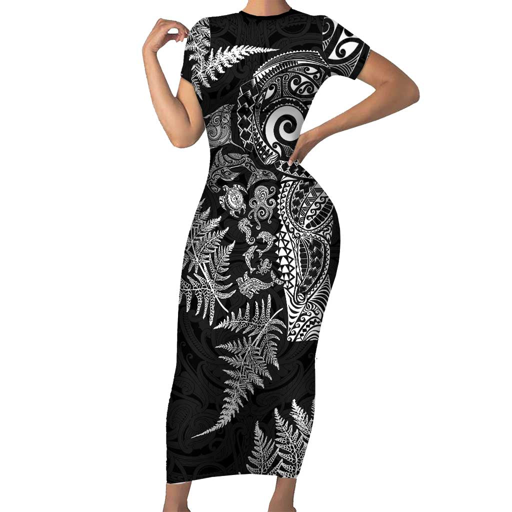 New Zealand Sea Animals Short Sleeve Bodycon Dress with Maori Koru Tribal Tattoo and Silver Ferns Black Color