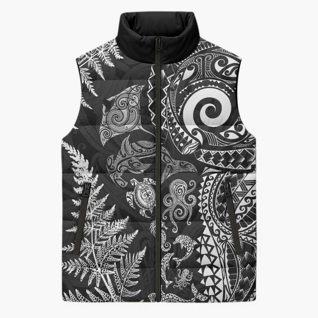 New Zealand Sea Animals Sleeveless Puffer Jacket with Maori Koru Tribal Tattoo and Silver Ferns Black Color LT03 Unisex Black - Polynesian Pride