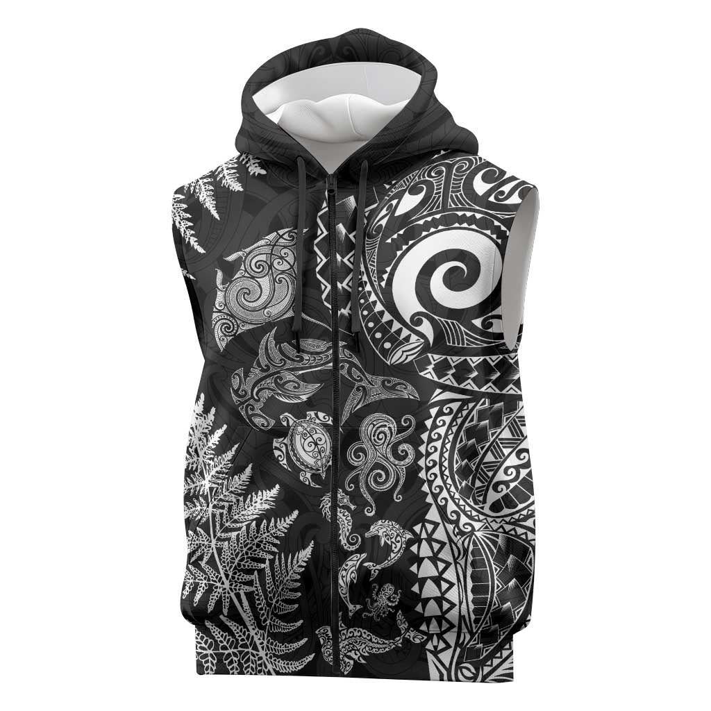 New Zealand Sea Animals Sleeveless Zip Hoodie with Maori Koru Tribal Tattoo and Silver Ferns Black Color LT03 Black - Polynesian Pride