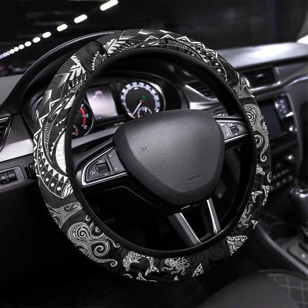 New Zealand Sea Animals Steering Wheel Cover with Maori Koru Tribal Tattoo and Silver Ferns Black Color LT03 Universal Fit Black - Polynesian Pride