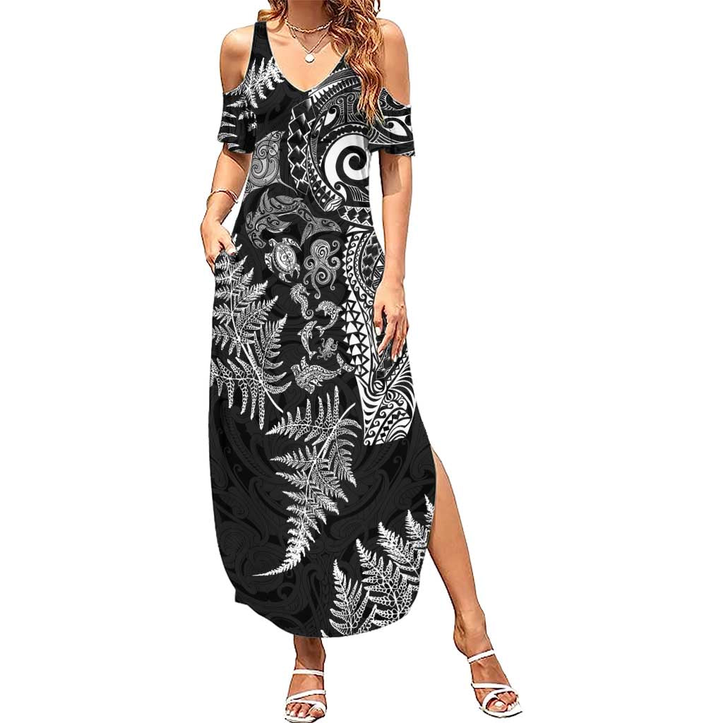 New Zealand Sea Animals Summer Maxi Dress with Maori Koru Tribal Tattoo and Silver Ferns Black Color
