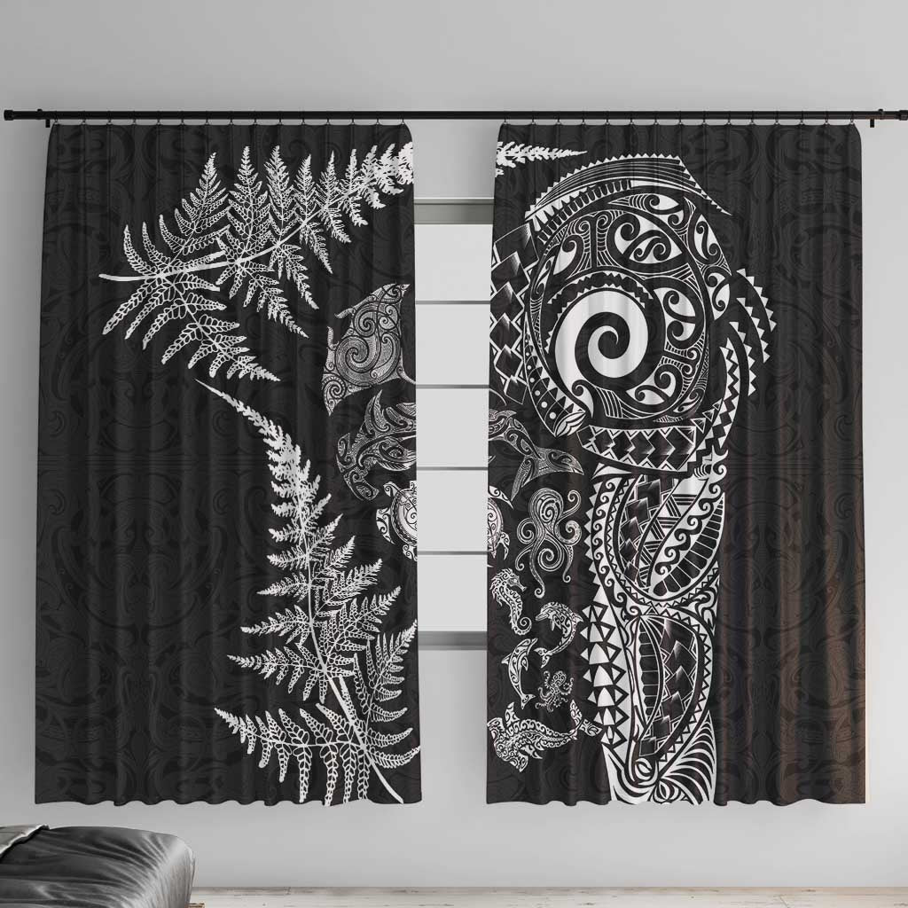 New Zealand Sea Animals Window Curtain with Maori Koru Tribal Tattoo and Silver Ferns Black Color LT03 With Hooks Black - Polynesian Pride