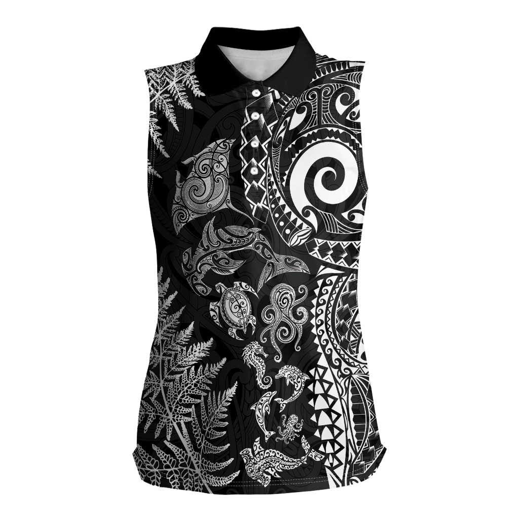 New Zealand Sea Animals Women Sleeveless Polo Shirt with Maori Koru Tribal Tattoo and Silver Ferns Black Color