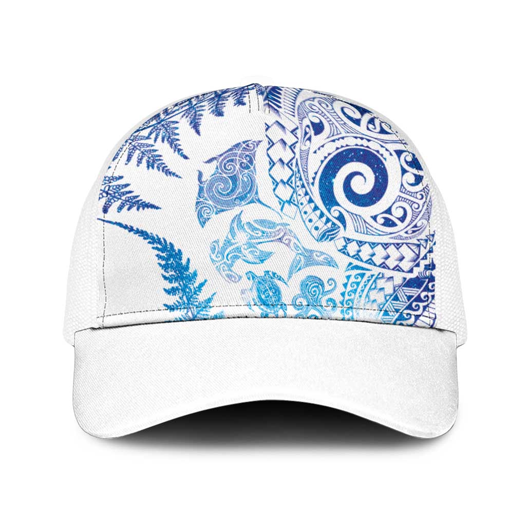 New Zealand Sea Animals Baseball Net Cap with Maori Koru Tribal Tattoo and Silver Ferns Galaxy Style LT03 One Size White Multicolor - Polynesian Pride