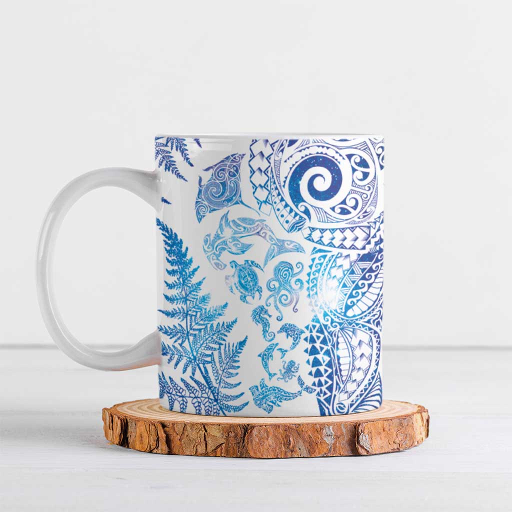 New Zealand Sea Animals Ceramic Mug with Maori Koru Tribal Tattoo and Silver Ferns Galaxy Style LT03 Multicolor - Polynesian Pride