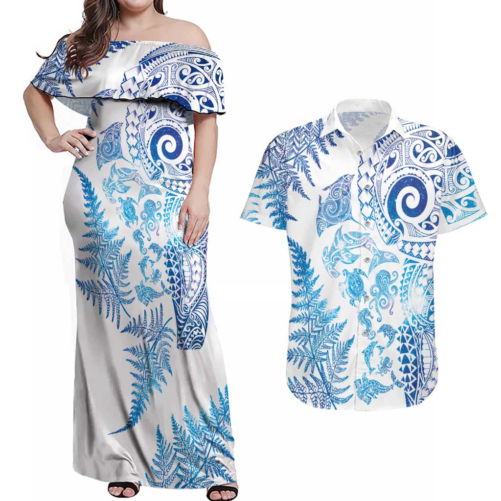 New Zealand Sea Animals Couples Matching Off Shoulder Maxi Dress and Hawaiian Shirt with Maori Koru Tribal Tattoo and Silver Ferns Galaxy Style LT03 Multicolor - Polynesian Pride