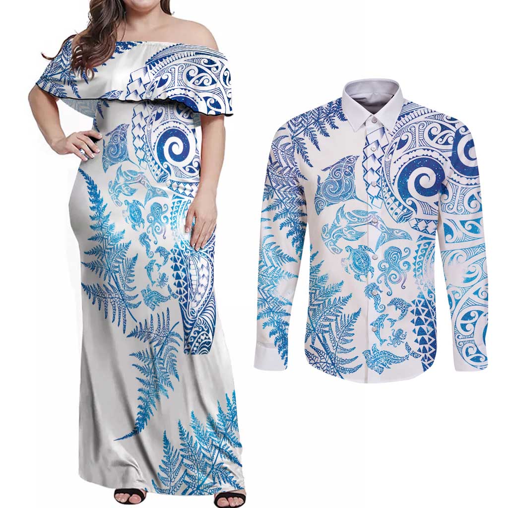 New Zealand Sea Animals Couples Matching Off Shoulder Maxi Dress and Long Sleeve Button Shirt with Maori Koru Tribal Tattoo and Silver Ferns Galaxy Style LT03 Multicolor - Polynesian Pride