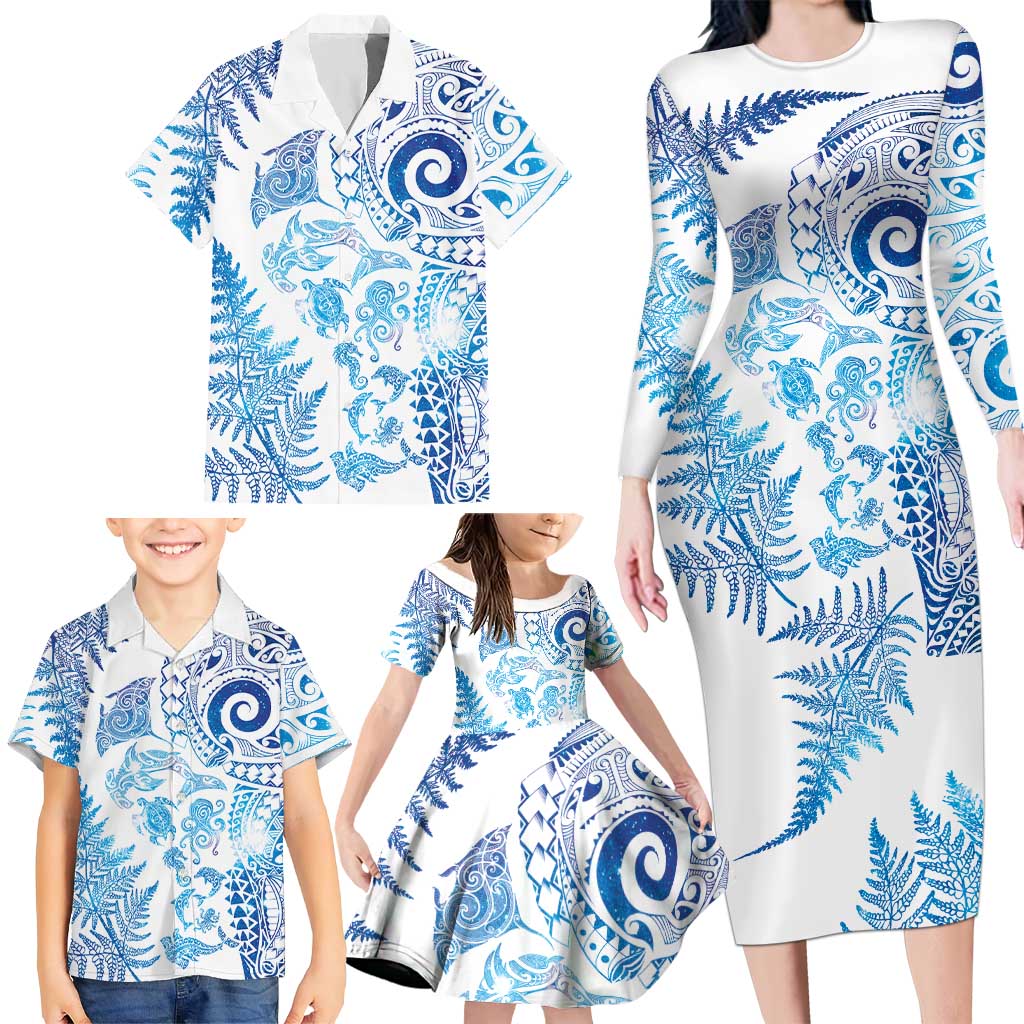New Zealand Sea Animals Family Matching Long Sleeve Bodycon Dress and Hawaiian Shirt with Maori Koru Tribal Tattoo and Silver Ferns Galaxy Style LT03 - Polynesian Pride