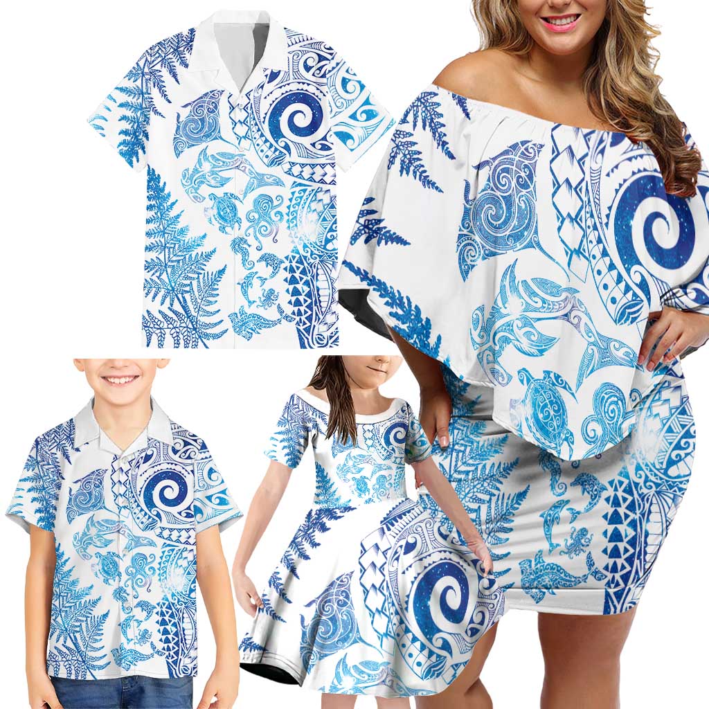 New Zealand Sea Animals Family Matching Off Shoulder Short Dress and Hawaiian Shirt with Maori Koru Tribal Tattoo and Silver Ferns Galaxy Style