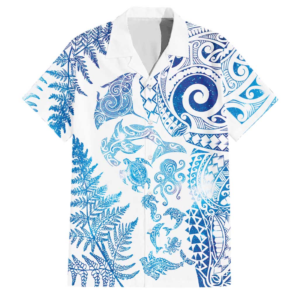 New Zealand Sea Animals Family Matching Off Shoulder Short Dress and Hawaiian Shirt with Maori Koru Tribal Tattoo and Silver Ferns Galaxy Style LT03 Dad's Shirt - Short Sleeve Multicolor - Polynesian Pride