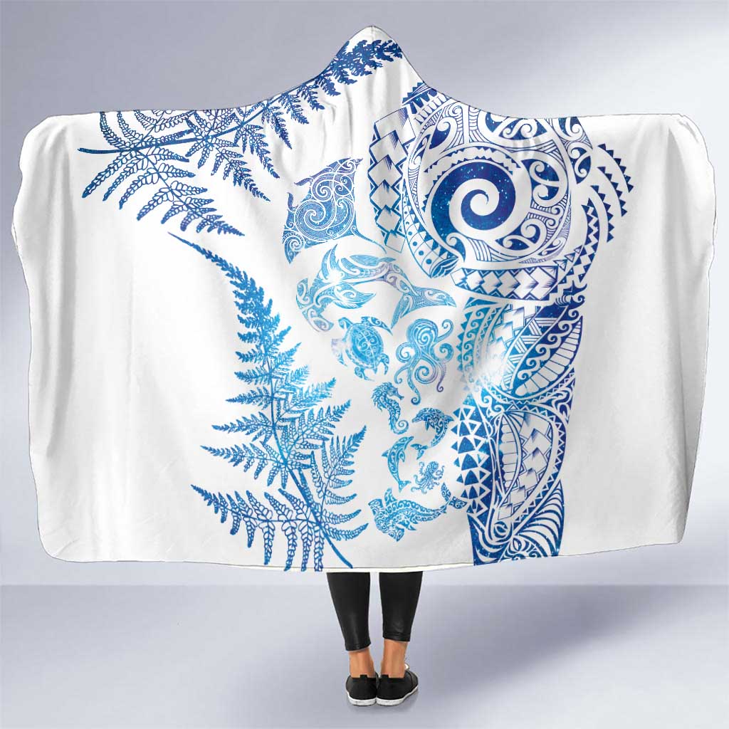 New Zealand Sea Animals Hooded Blanket with Maori Koru Tribal Tattoo and Silver Ferns Galaxy Style