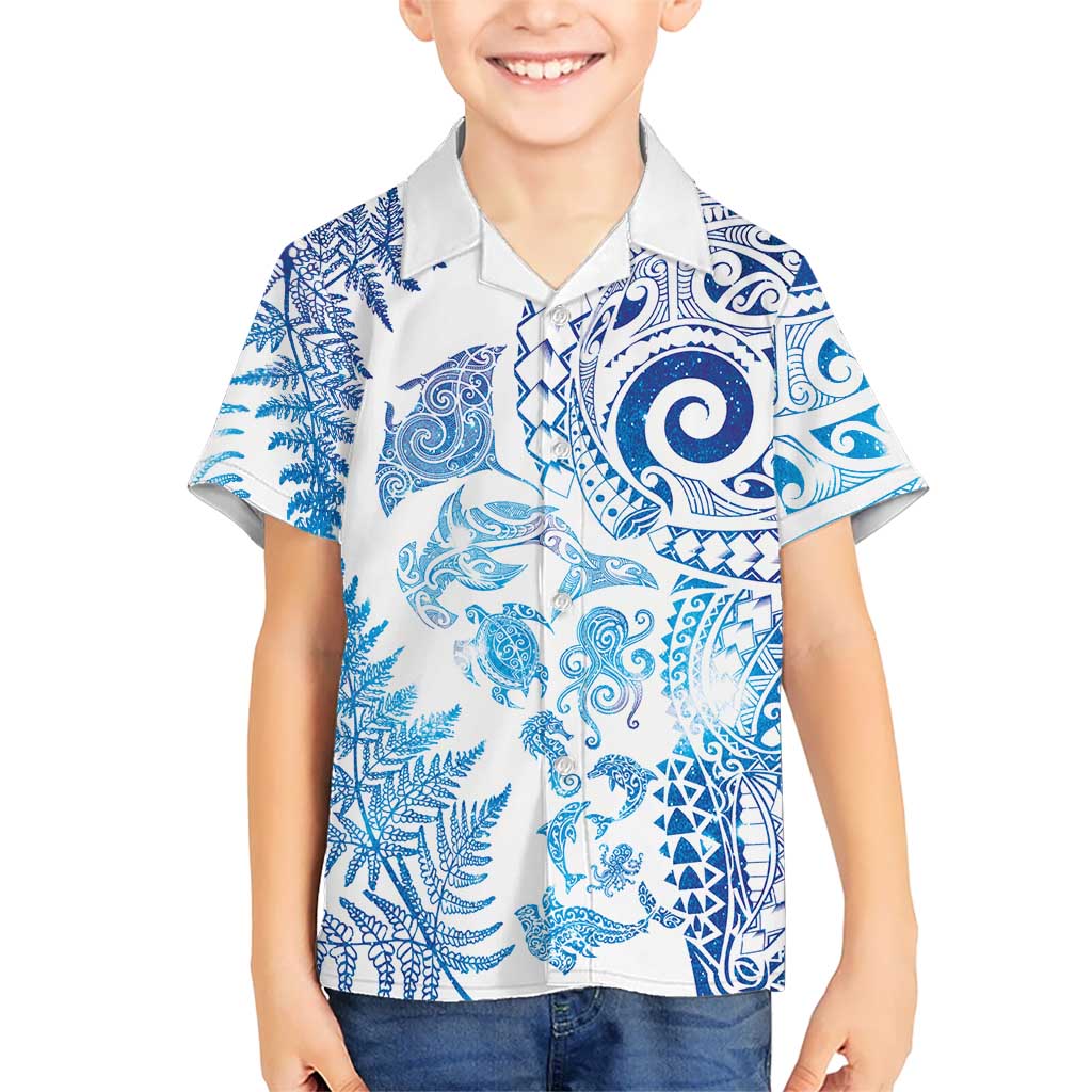 New Zealand Sea Animals Kid Hawaiian Shirt with Maori Koru Tribal Tattoo and Silver Ferns Galaxy Style LT03 Kid Multicolor - Polynesian Pride