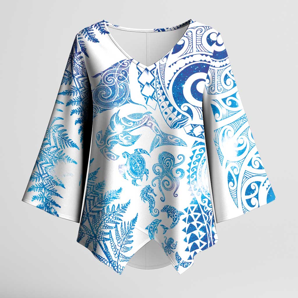 New Zealand Sea Animals Kimono Sleeve Blouse with Maori Koru Tribal Tattoo and Silver Ferns Galaxy Style LT03 Female Multicolor - Polynesian Pride