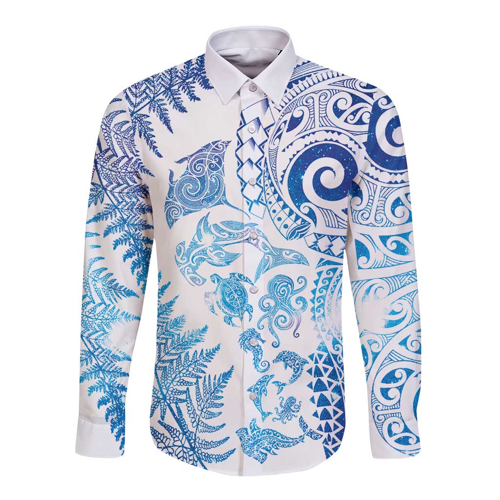 New Zealand Sea Animals Long Sleeve Button Shirt with Maori Koru Tribal Tattoo and Silver Ferns Galaxy Style LT03 Unisex Multicolor - Polynesian Pride