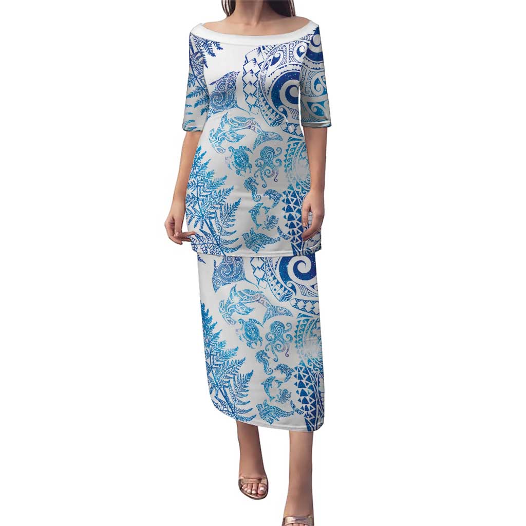 New Zealand Sea Animals Puletasi with Maori Koru Tribal Tattoo and Silver Ferns Galaxy Style LT03 Long Dress Multicolor - Polynesian Pride