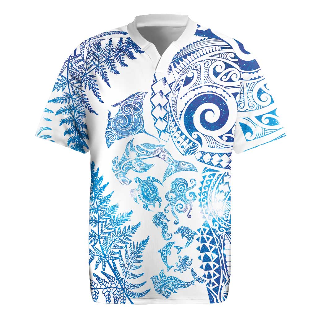 New Zealand Sea Animals Rugby Jersey with Maori Koru Tribal Tattoo and Silver Ferns Galaxy Style LT03 Multicolor - Polynesian Pride