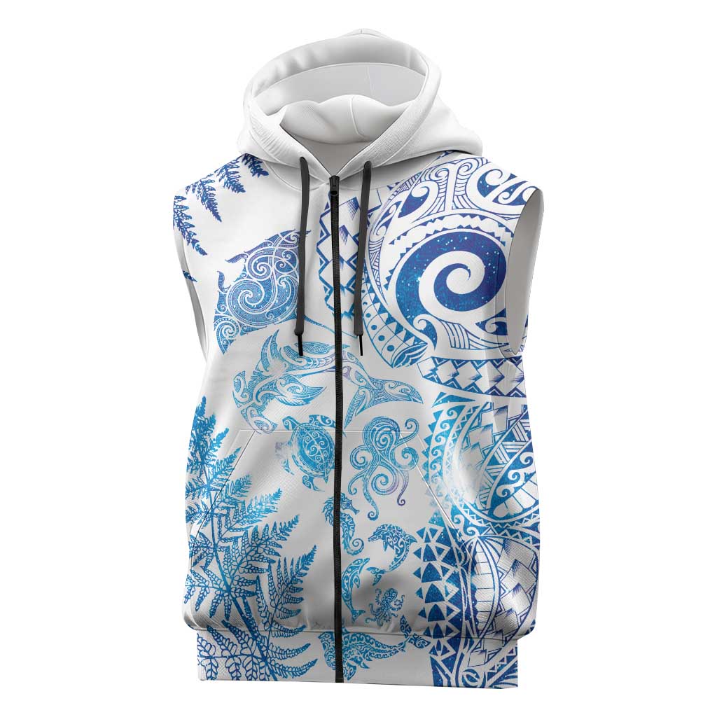 New Zealand Sea Animals Sleeveless Zip Hoodie with Maori Koru Tribal Tattoo and Silver Ferns Galaxy Style LT03 Multicolor - Polynesian Pride