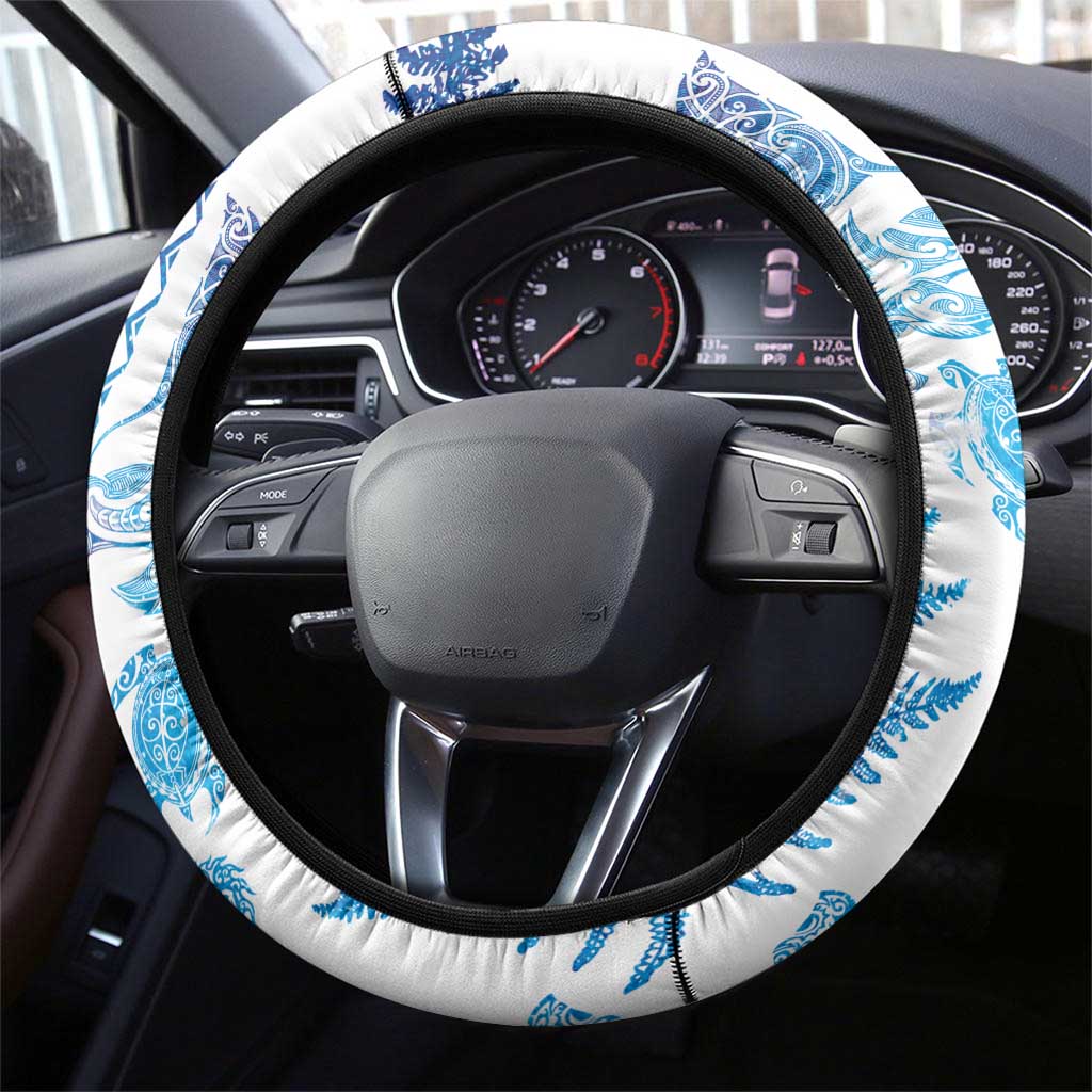 New Zealand Sea Animals Steering Wheel Cover with Maori Koru Tribal Tattoo and Silver Ferns Galaxy Style