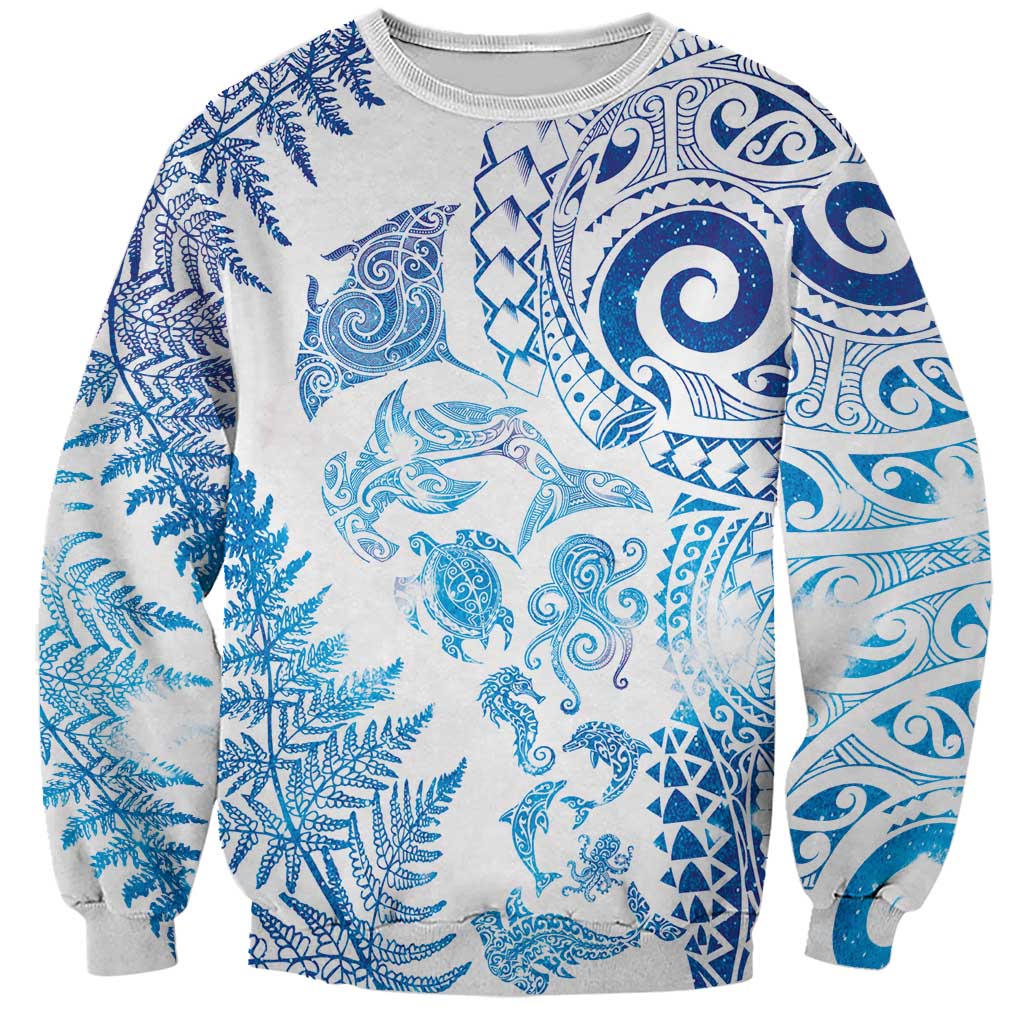 New Zealand Sea Animals Sweatshirt with Maori Koru Tribal Tattoo and Silver Ferns Galaxy Style LT03 Unisex Multicolor - Polynesian Pride