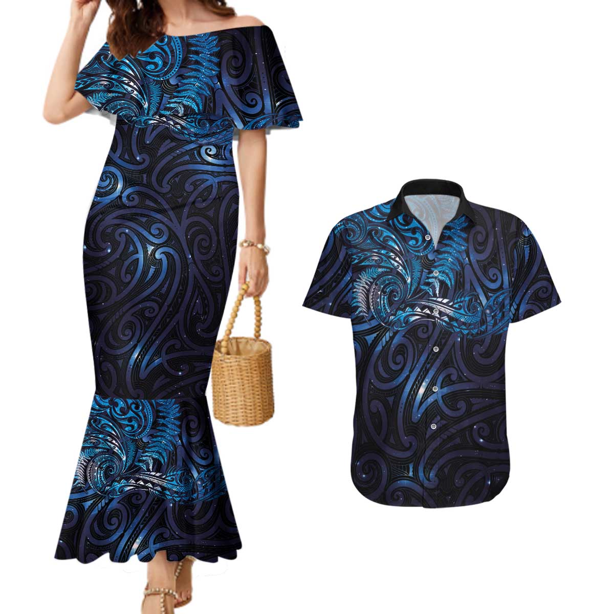 New Zealand New Year-Matariki Couples Matching Mermaid Dress and Hawaiian Shirt Aotearoa Maori Tattoo Galaxy Sky LT03 Multicolor - Polynesian Pride