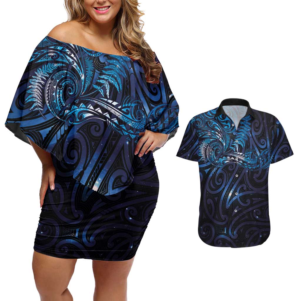 New Zealand New Year-Matariki Couples Matching Off Shoulder Short Dress and Hawaiian Shirt Aotearoa Maori Tattoo Galaxy Sky LT03 Multicolor - Polynesian Pride