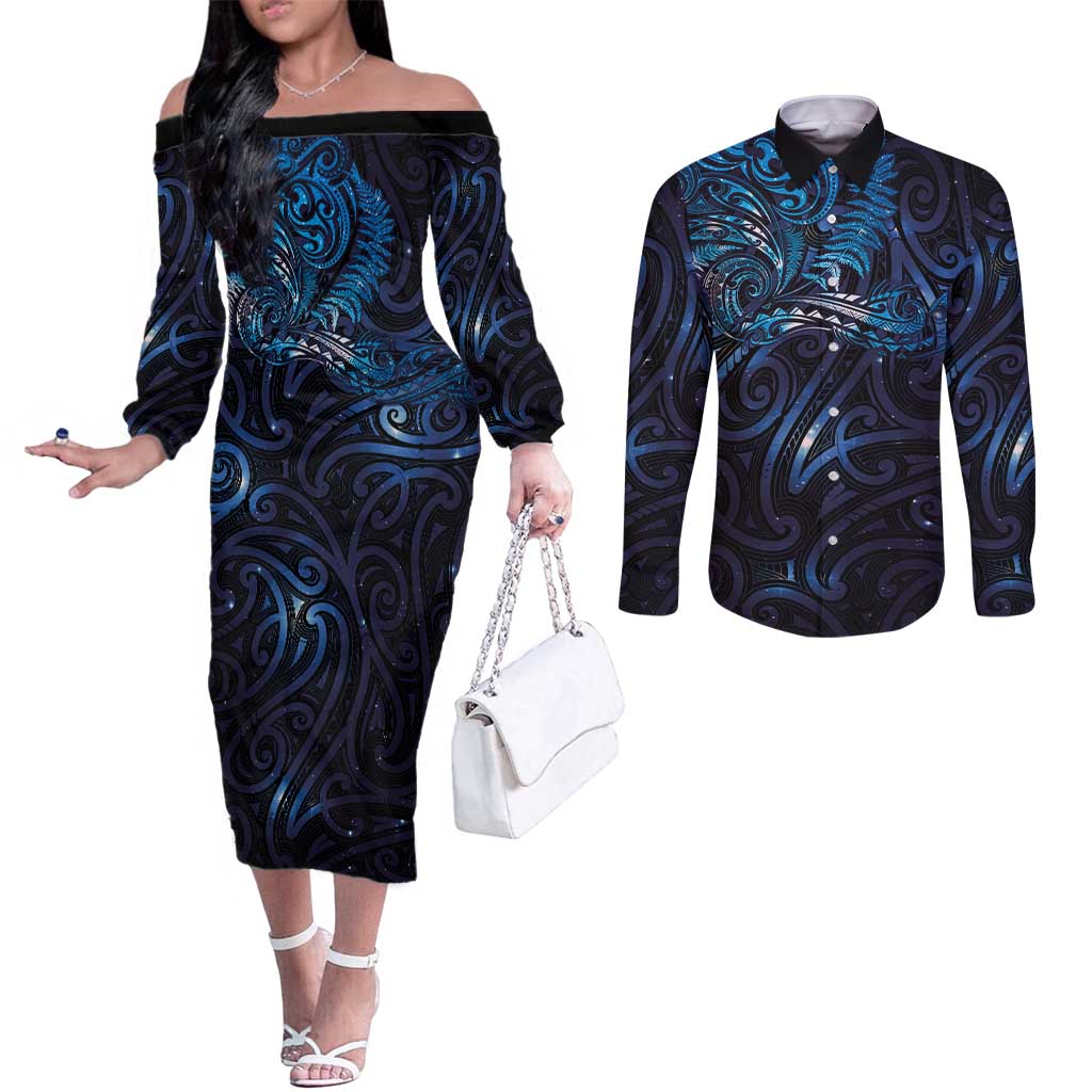 New Zealand New Year-Matariki Couples Matching Off The Shoulder Long Sleeve Dress and Long Sleeve Button Shirt Aotearoa Maori Tattoo Galaxy Sky LT03 Multicolor - Polynesian Pride
