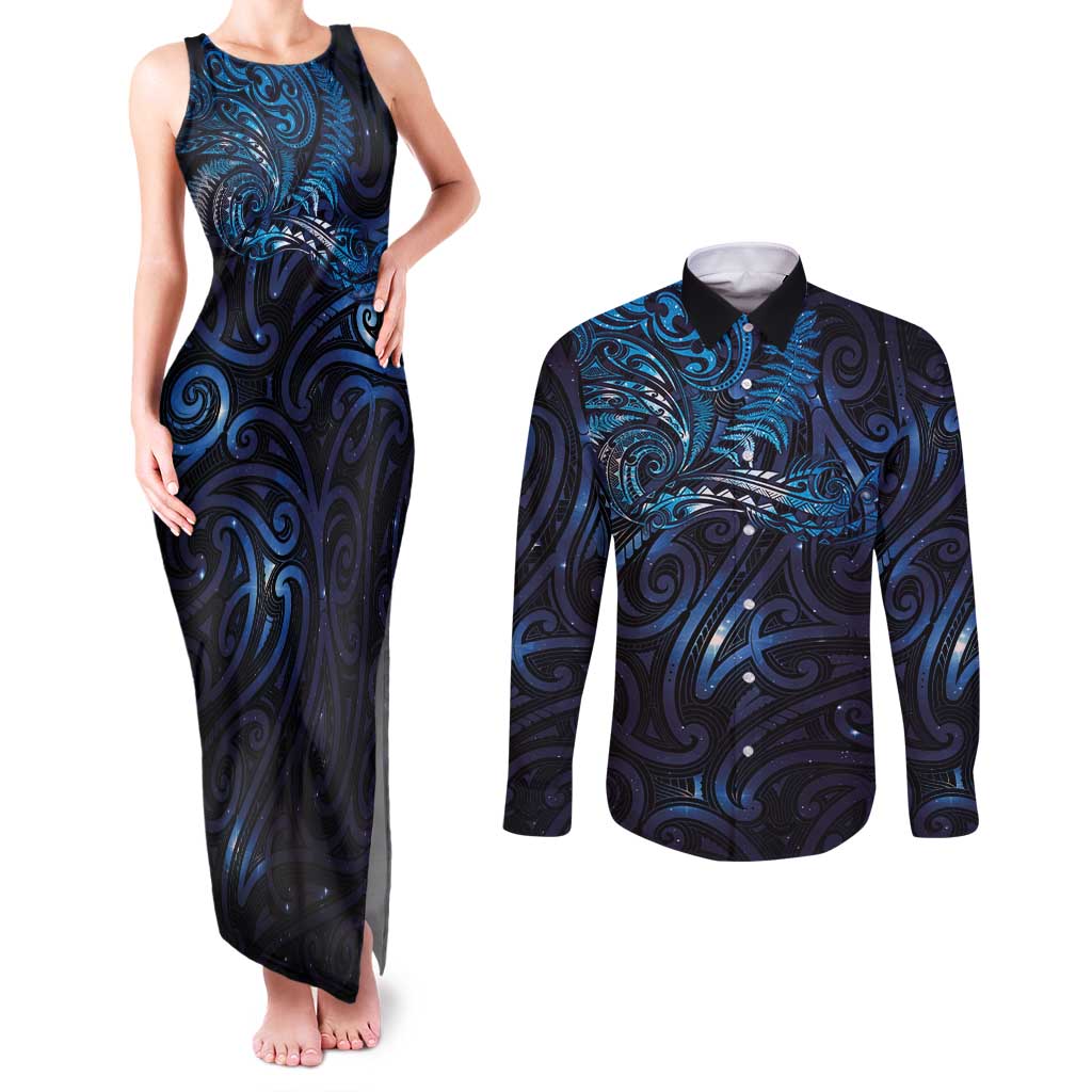 New Zealand New Year-Matariki Couples Matching Tank Maxi Dress and Long Sleeve Button Shirt Aotearoa Maori Tattoo Galaxy Sky