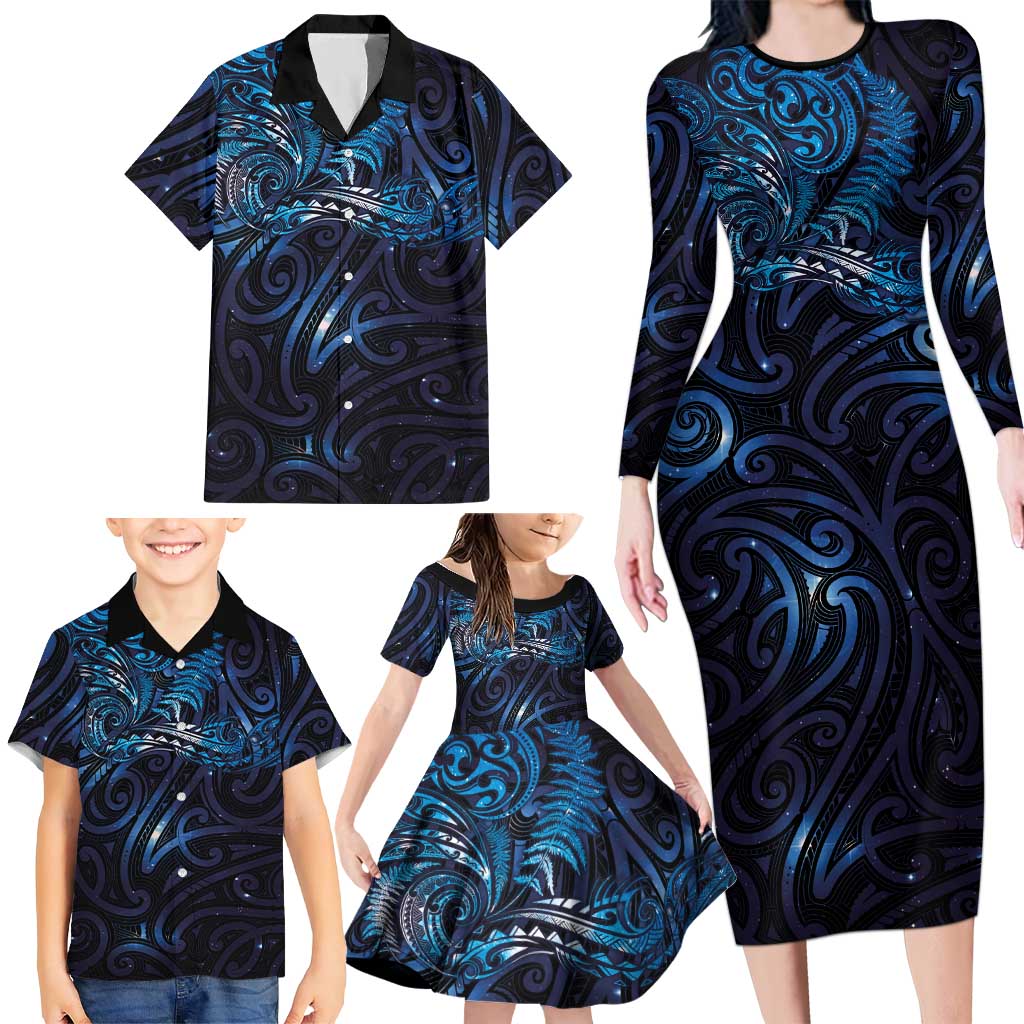 New Zealand New Year-Matariki Family Matching Long Sleeve Bodycon Dress and Hawaiian Shirt Aotearoa Maori Tattoo Galaxy Sky