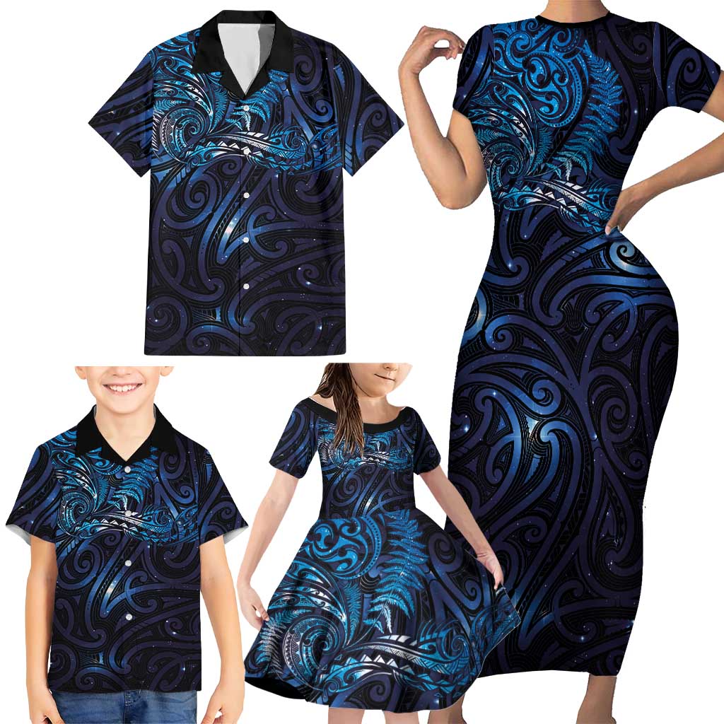 New Zealand New Year-Matariki Family Matching Short Sleeve Bodycon Dress and Hawaiian Shirt Aotearoa Maori Tattoo Galaxy Sky
