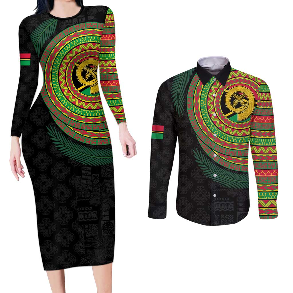Vanuatu Tribal Tattoo with Namele Leaves Couples Matching Long Sleeve Bodycon Dress and Long Sleeve Button Shirt