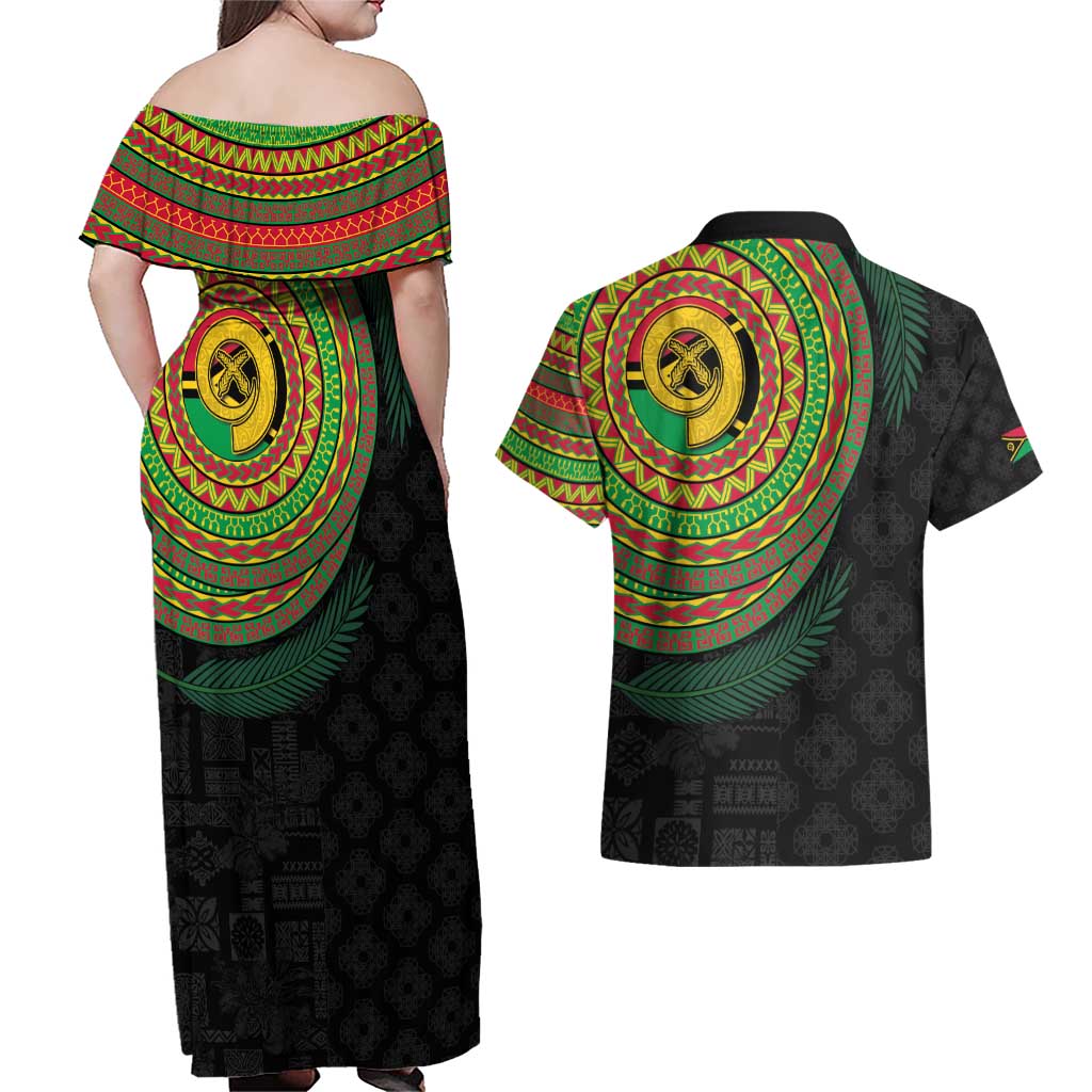 Vanuatu Tribal Tattoo with Namele Leaves Couples Matching Off Shoulder Maxi Dress and Hawaiian Shirt