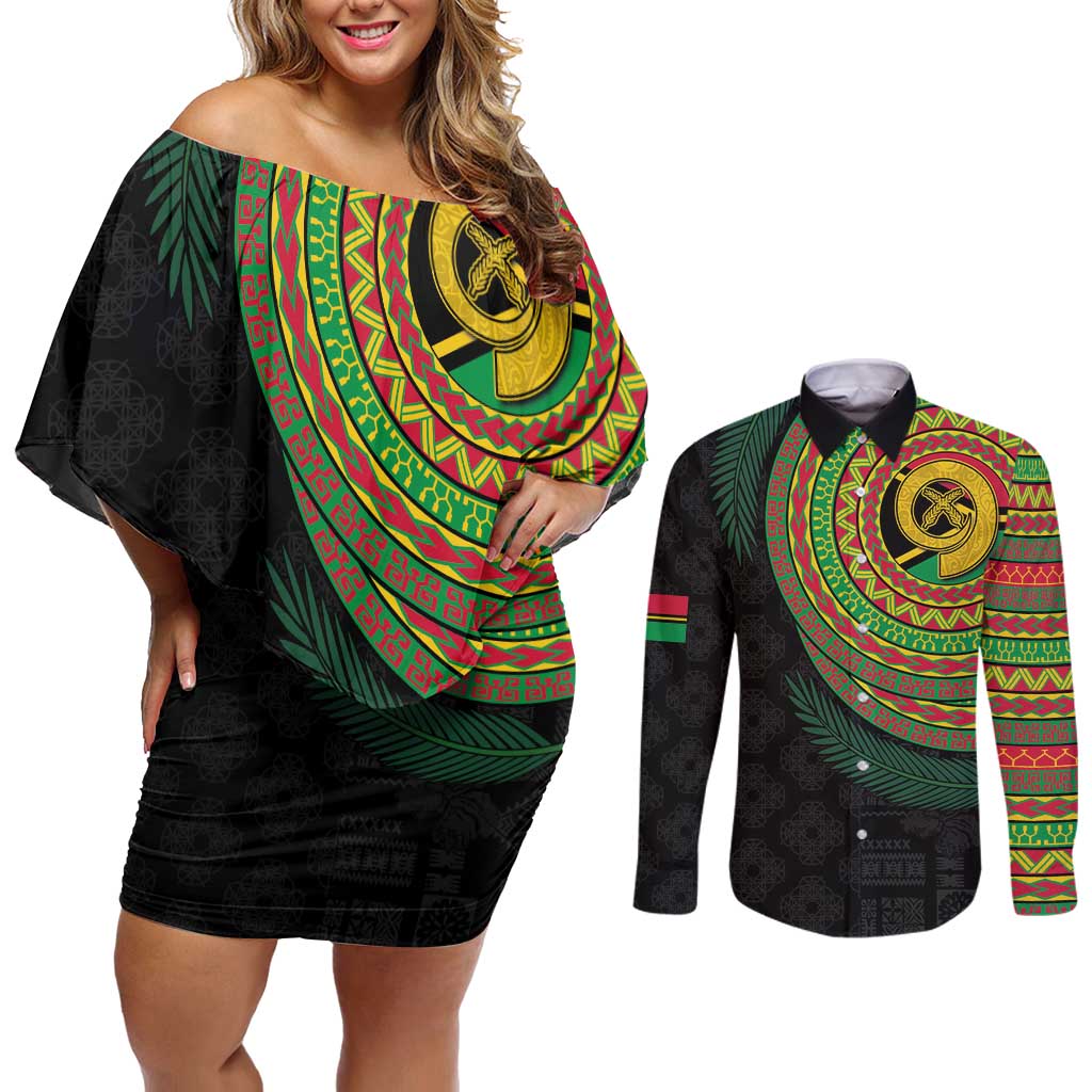 Vanuatu Tribal Tattoo with Namele Leaves Couples Matching Off Shoulder Short Dress and Long Sleeve Button Shirt