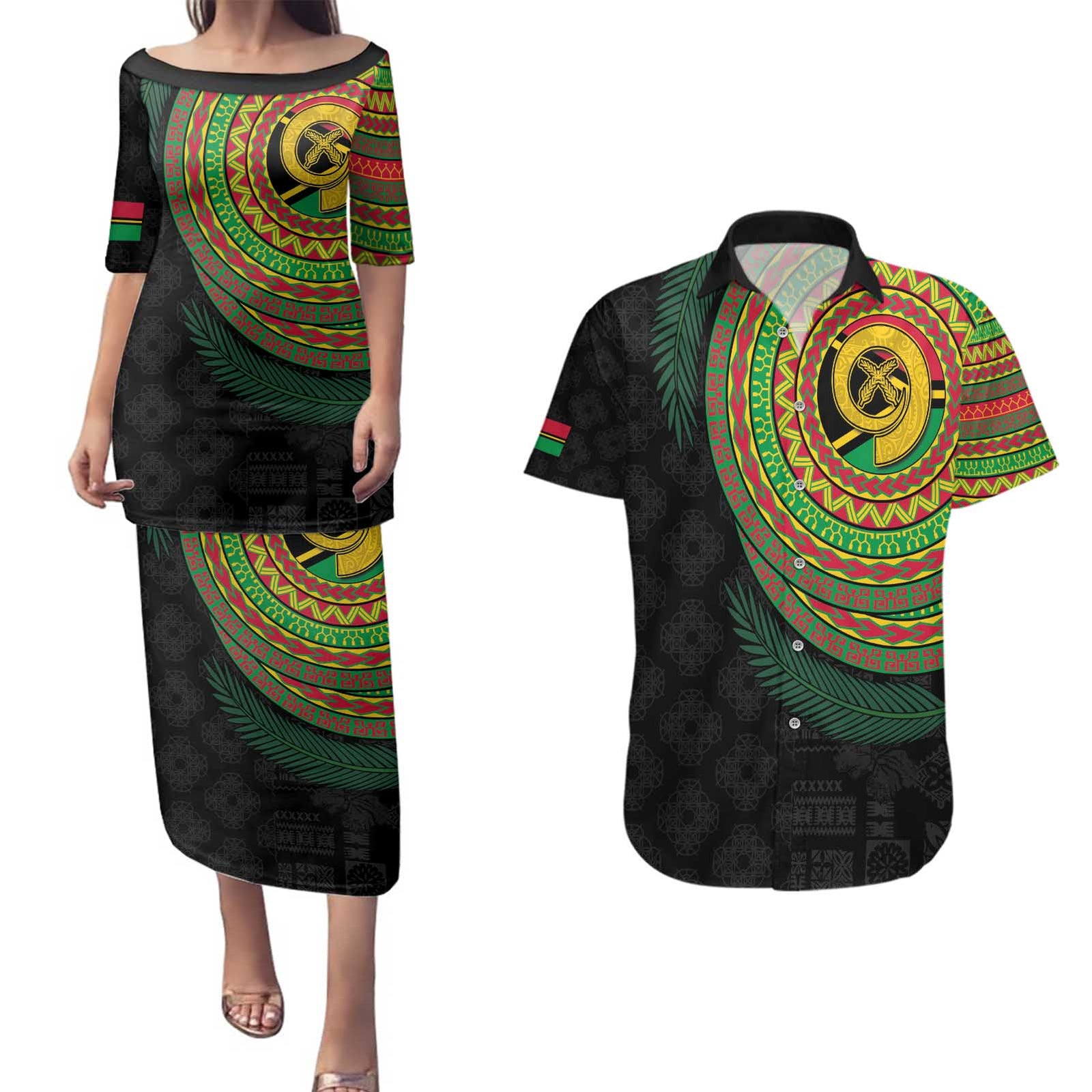 Vanuatu Tribal Tattoo with Namele Leaves Couples Matching Puletasi and Hawaiian Shirt