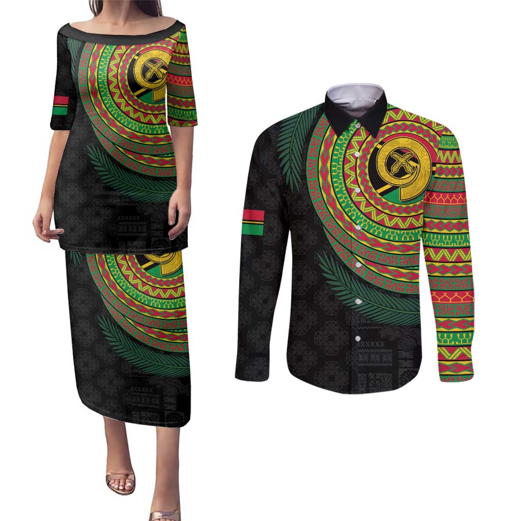 Vanuatu Tribal Tattoo with Namele Leaves Couples Matching Puletasi and Long Sleeve Button Shirt