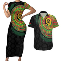 Vanuatu Tribal Tattoo with Namele Leaves Couples Matching Short Sleeve Bodycon Dress and Hawaiian Shirt