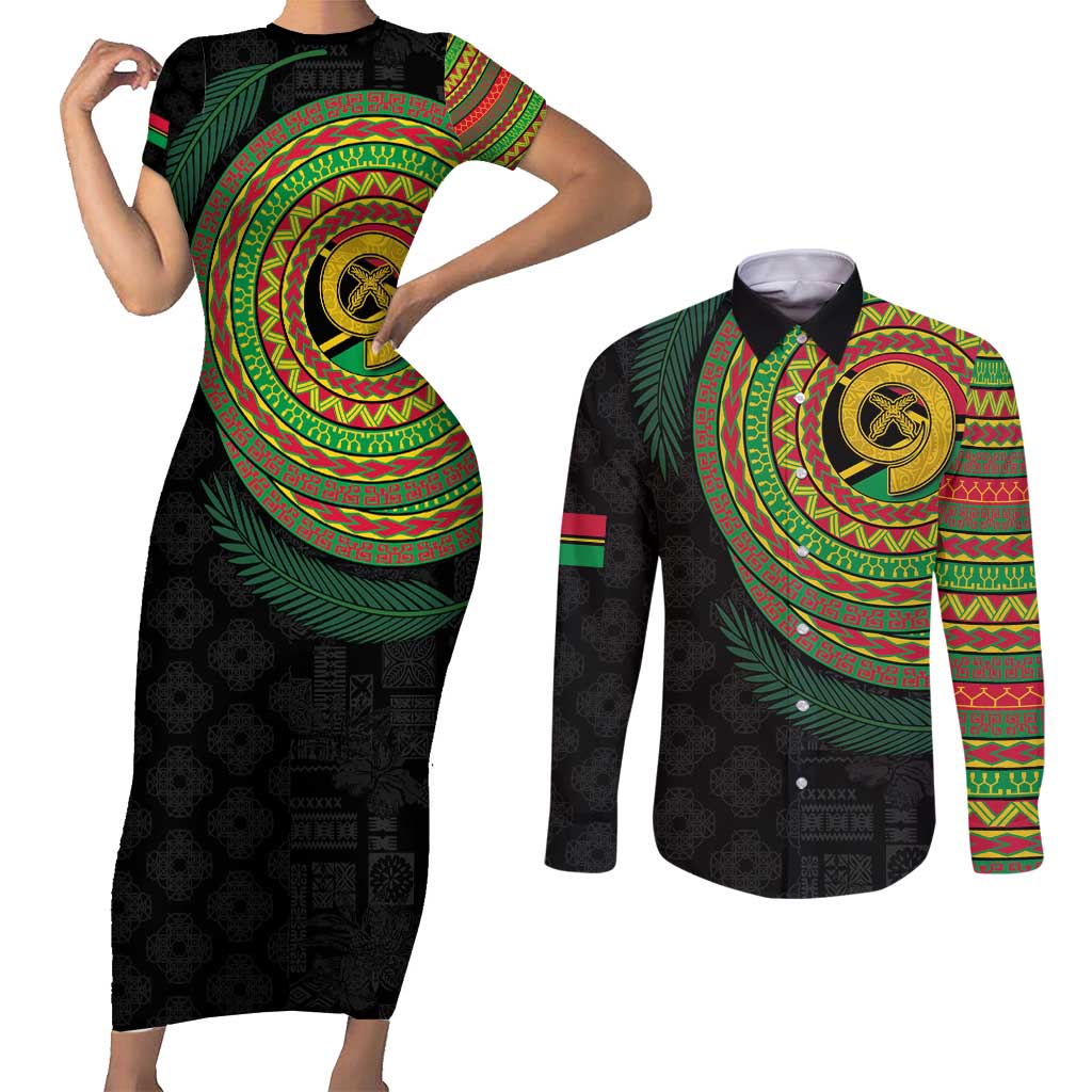 Vanuatu Tribal Tattoo with Namele Leaves Couples Matching Short Sleeve Bodycon Dress and Long Sleeve Button Shirt
